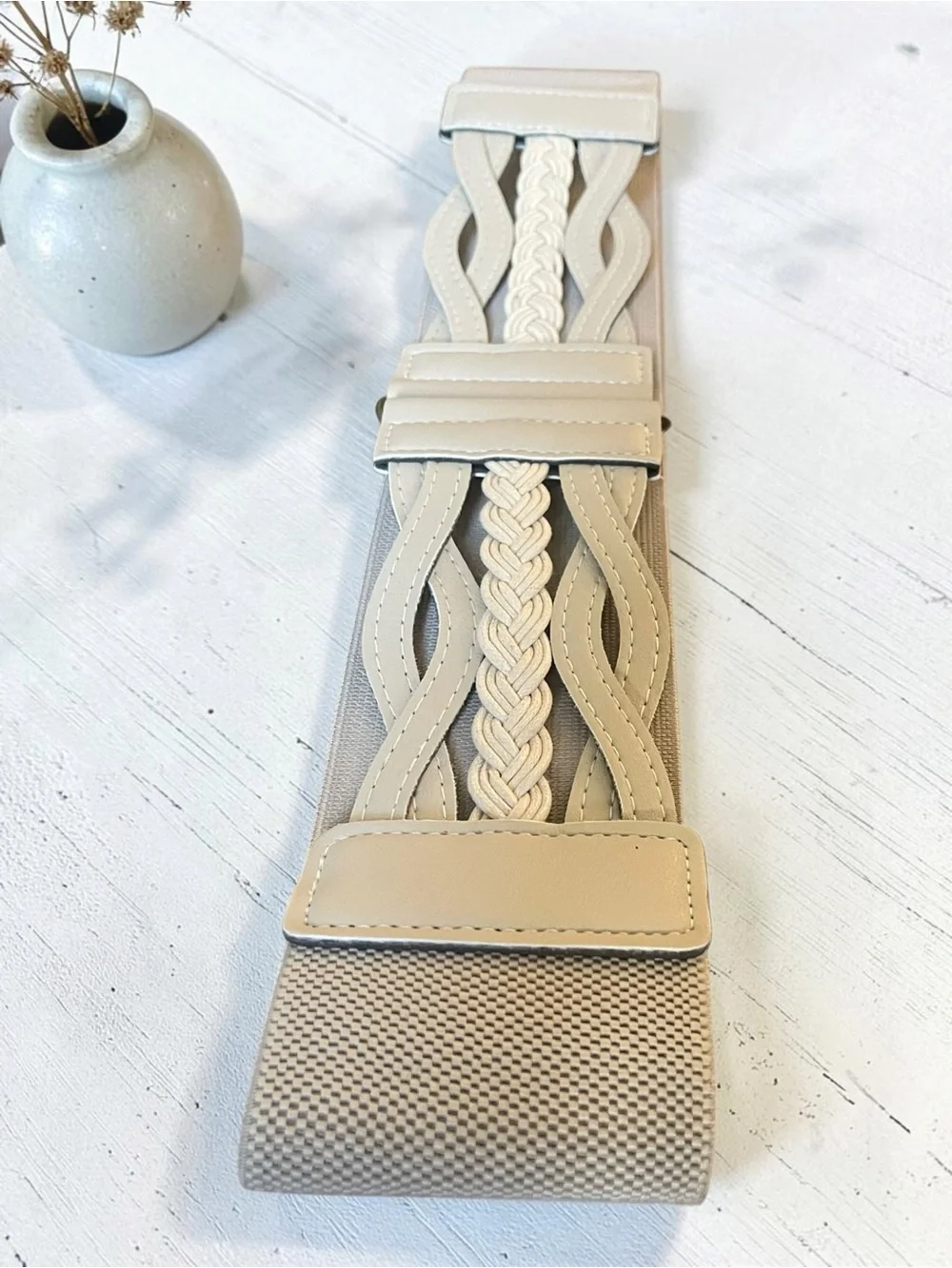Braided Elastic Stretchy Retro Wide Waist Cinch Belt Khaki New